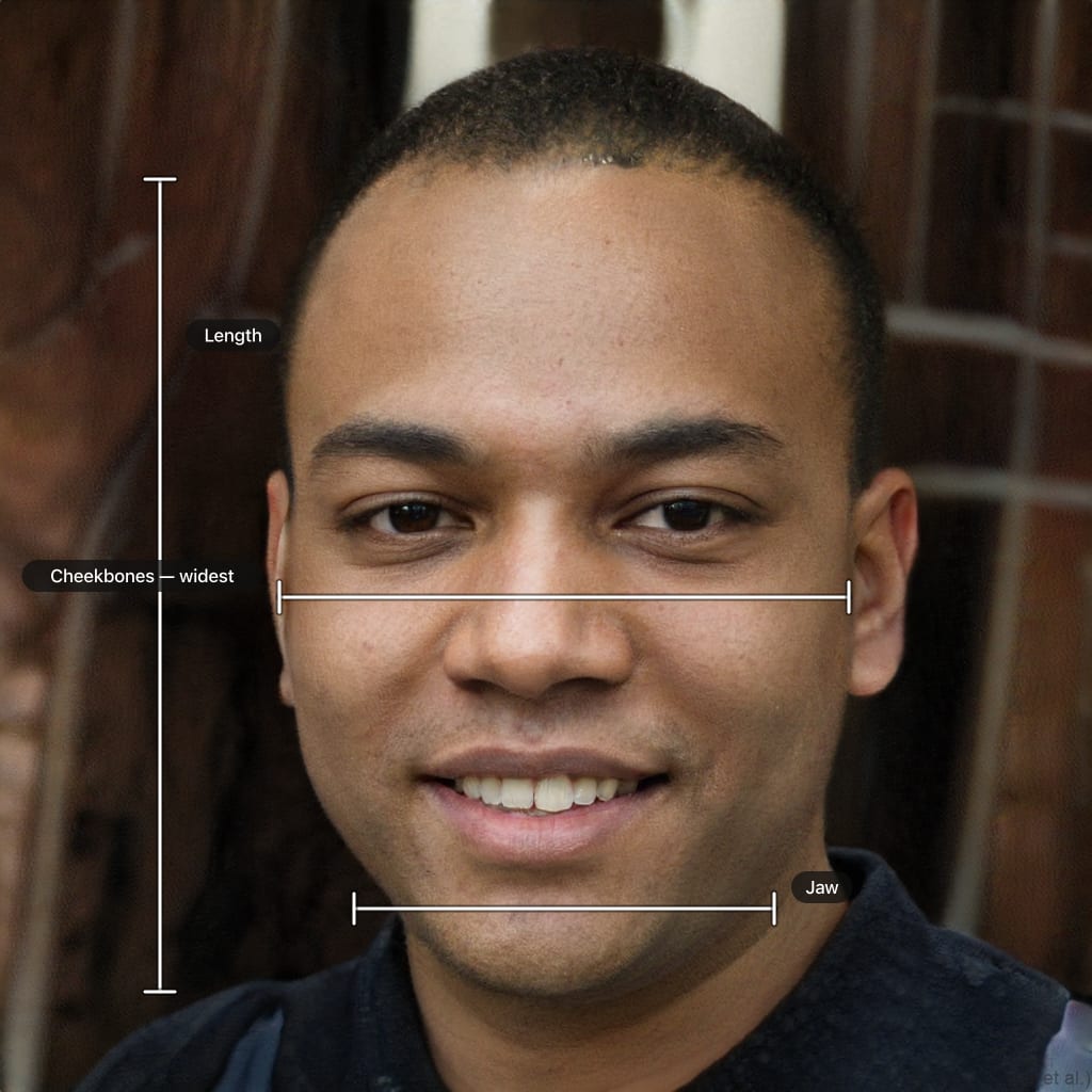 The same sample portrait with the face length, cheekbone width and jaw width the report reads marked on it