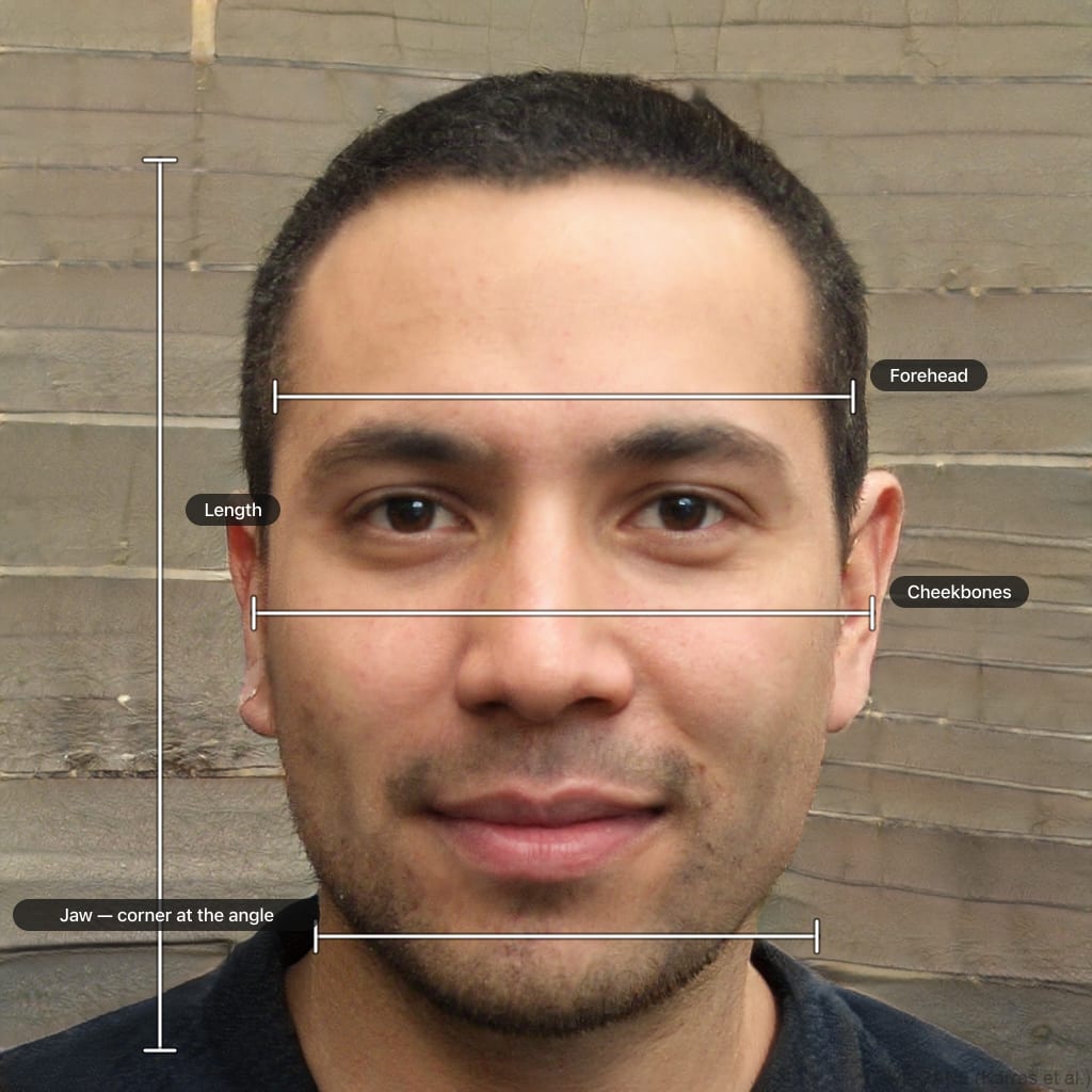 The same sample portrait with the forehead, cheekbone and jaw widths the report reads marked on it