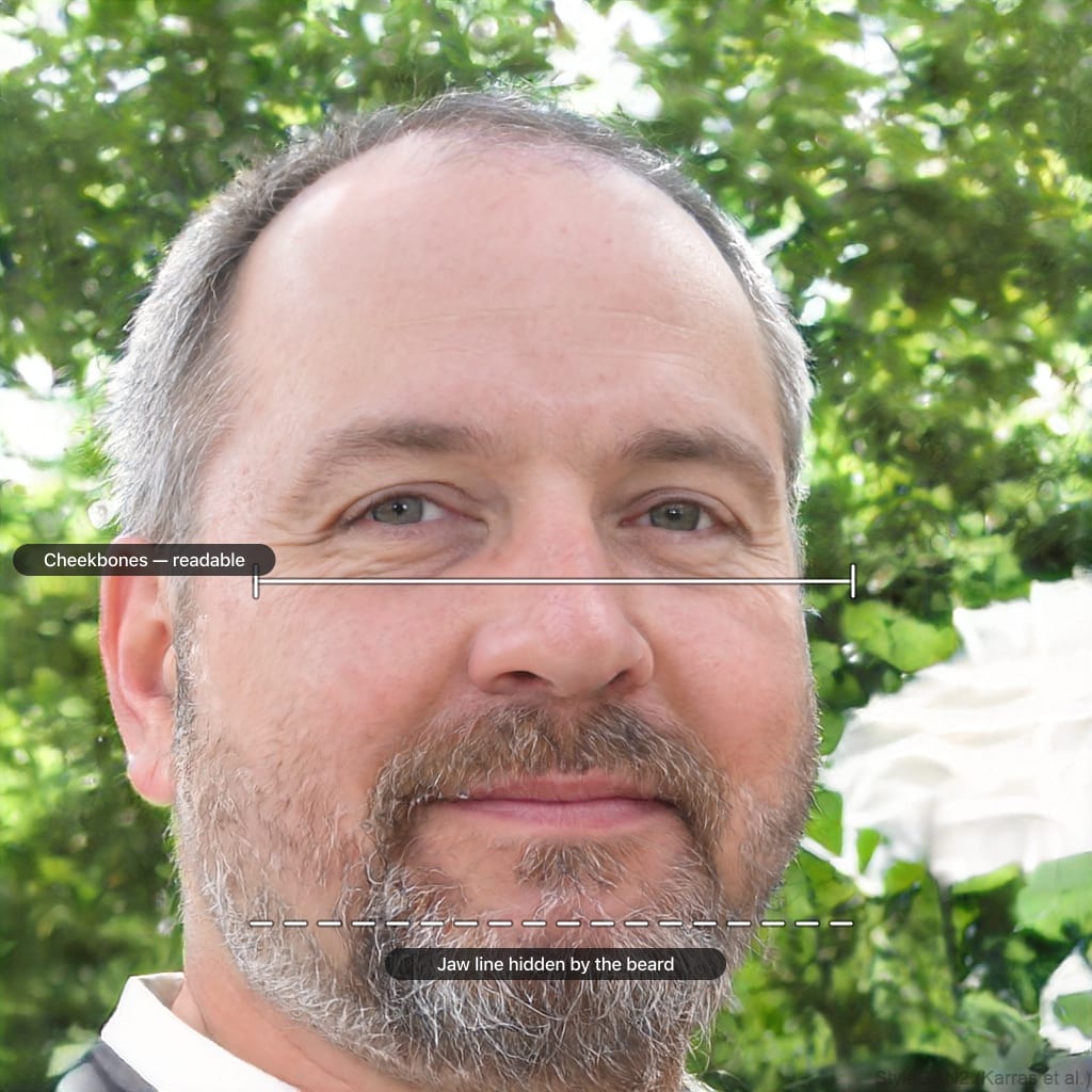 The same sample portrait marked to show the readable cheekbone line and the jaw line the beard hides
